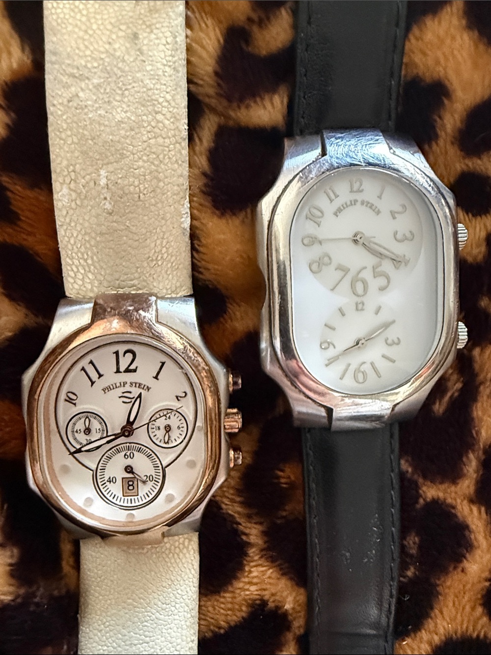 PRE OWNED!  Two Philip Stein Dual-Watch Set with White and Black Leather Straps